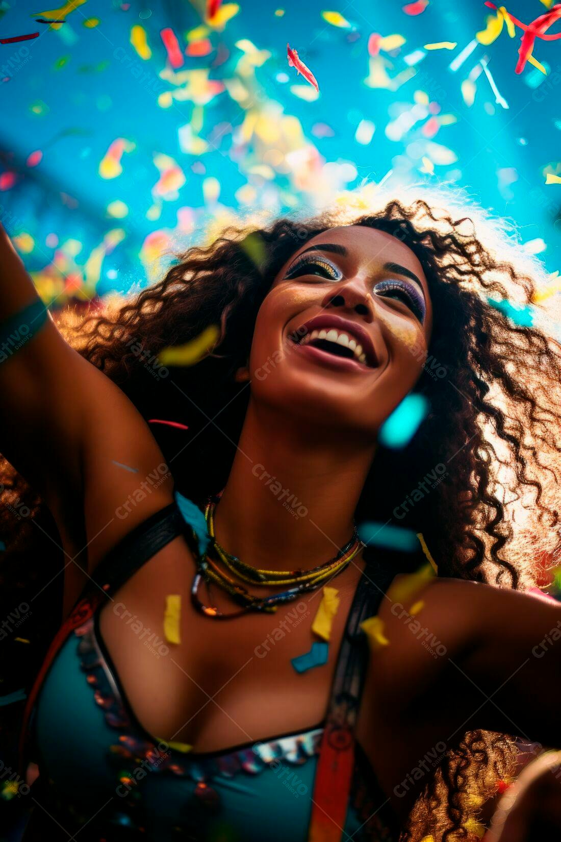 Mulher negra alegre em festival com confetes