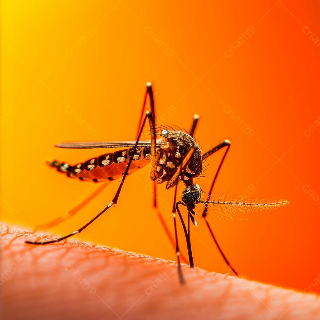 Mosquito se alimentando em pele humana fundo laranja