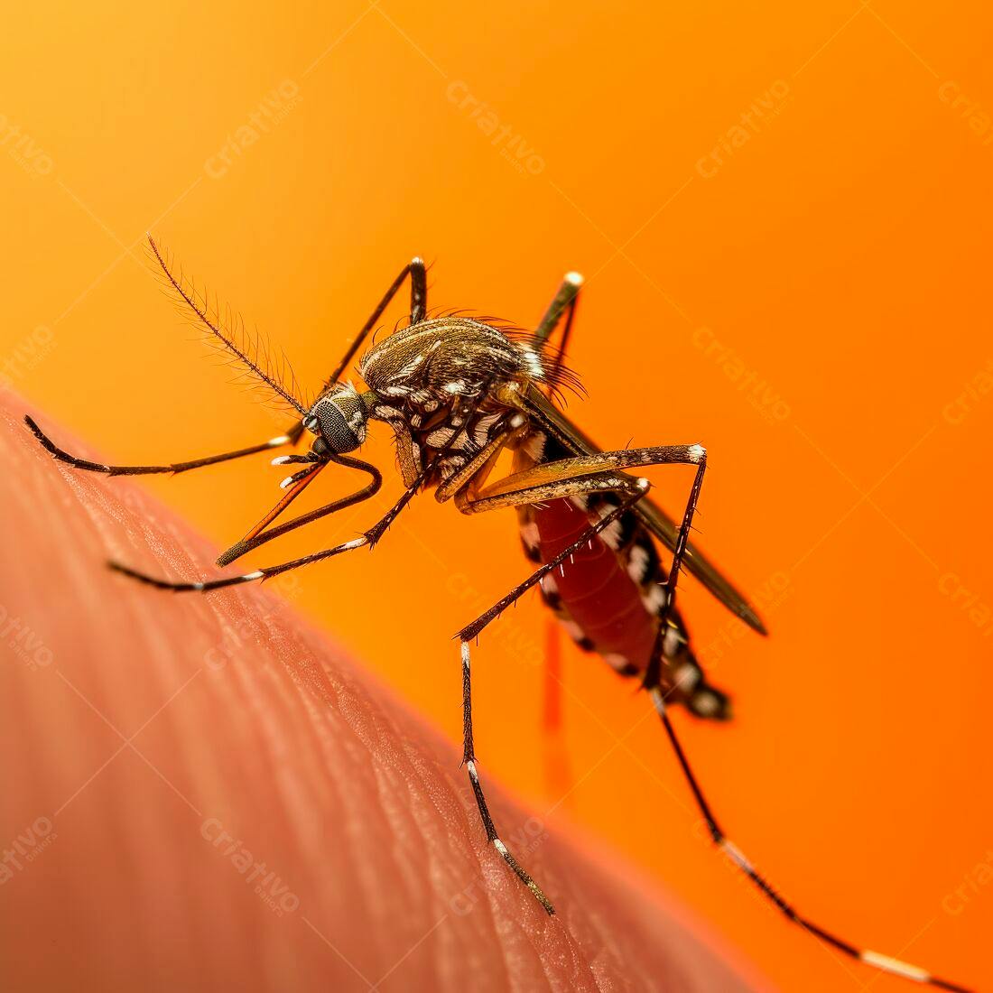 Mosquito se alimentando em pele humana fundo laranja