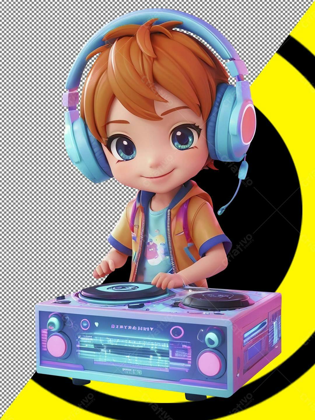 Menina DJ com fones azuis tocando música