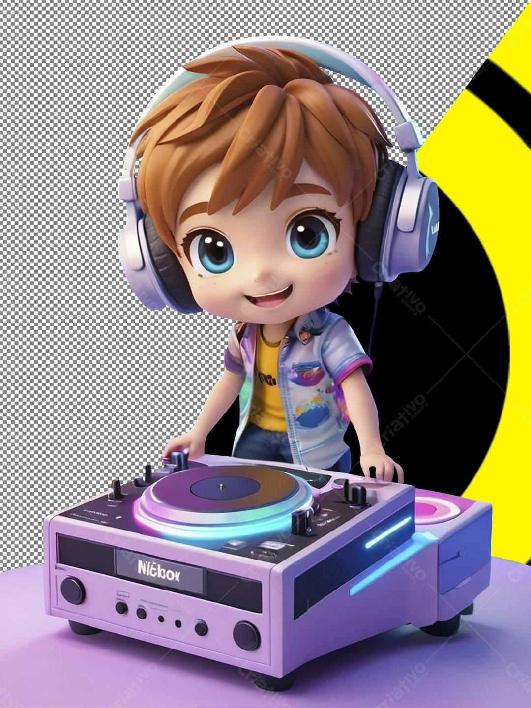 Menino DJ com fone de ouvido em mesa de som
