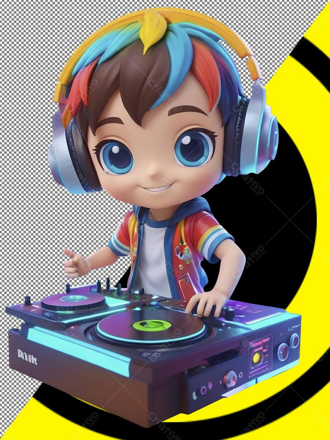 Menino DJ com fones coloridos em mesa de som