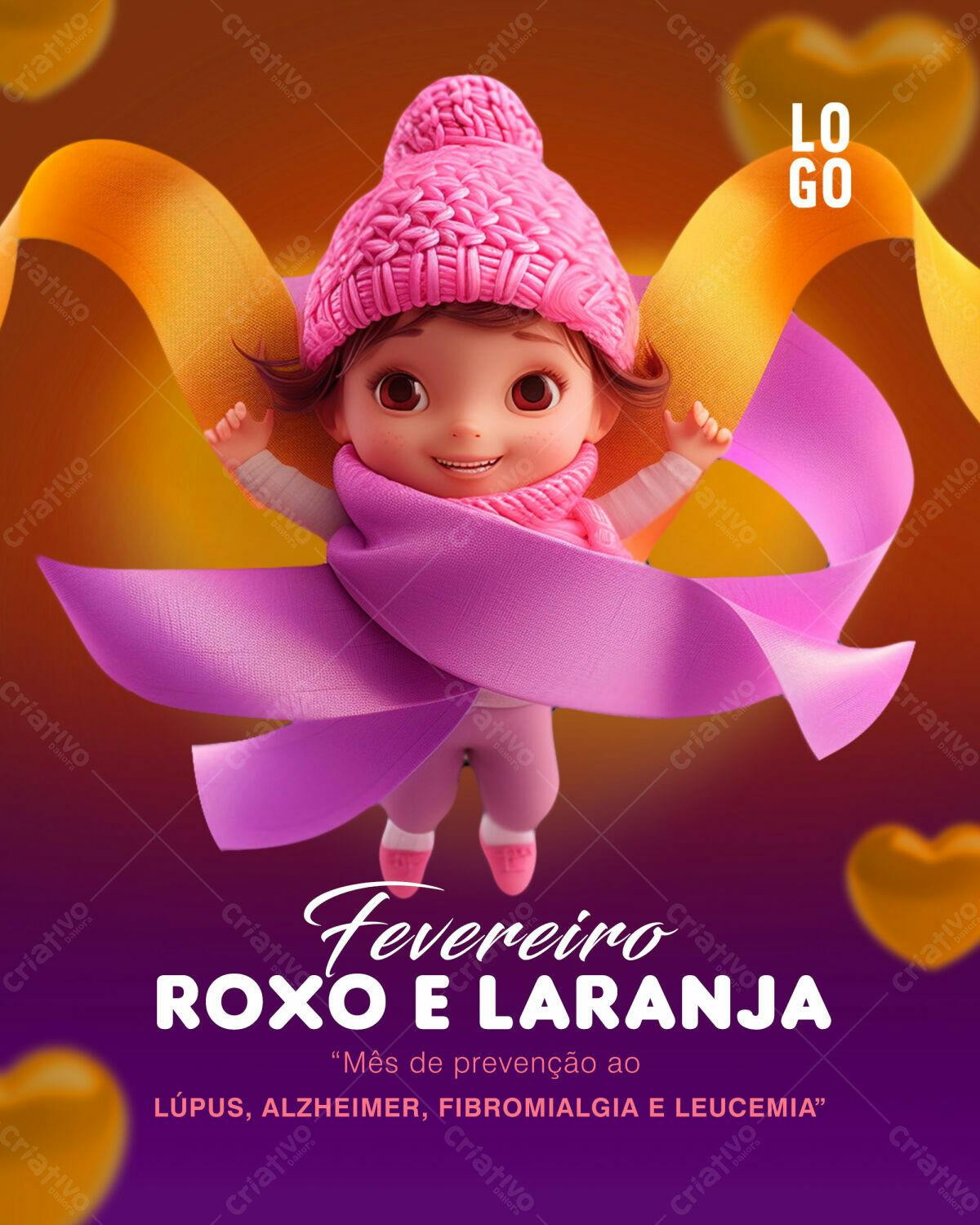 Flyer Fevereiro Roxo e Laranja PSD Editável
