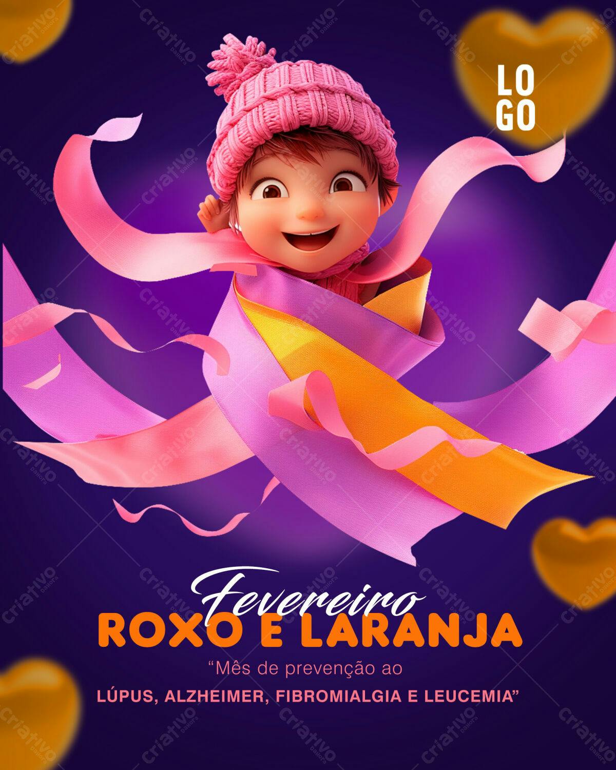 Flyer Fevereiro Roxo e Laranja PSD Editável