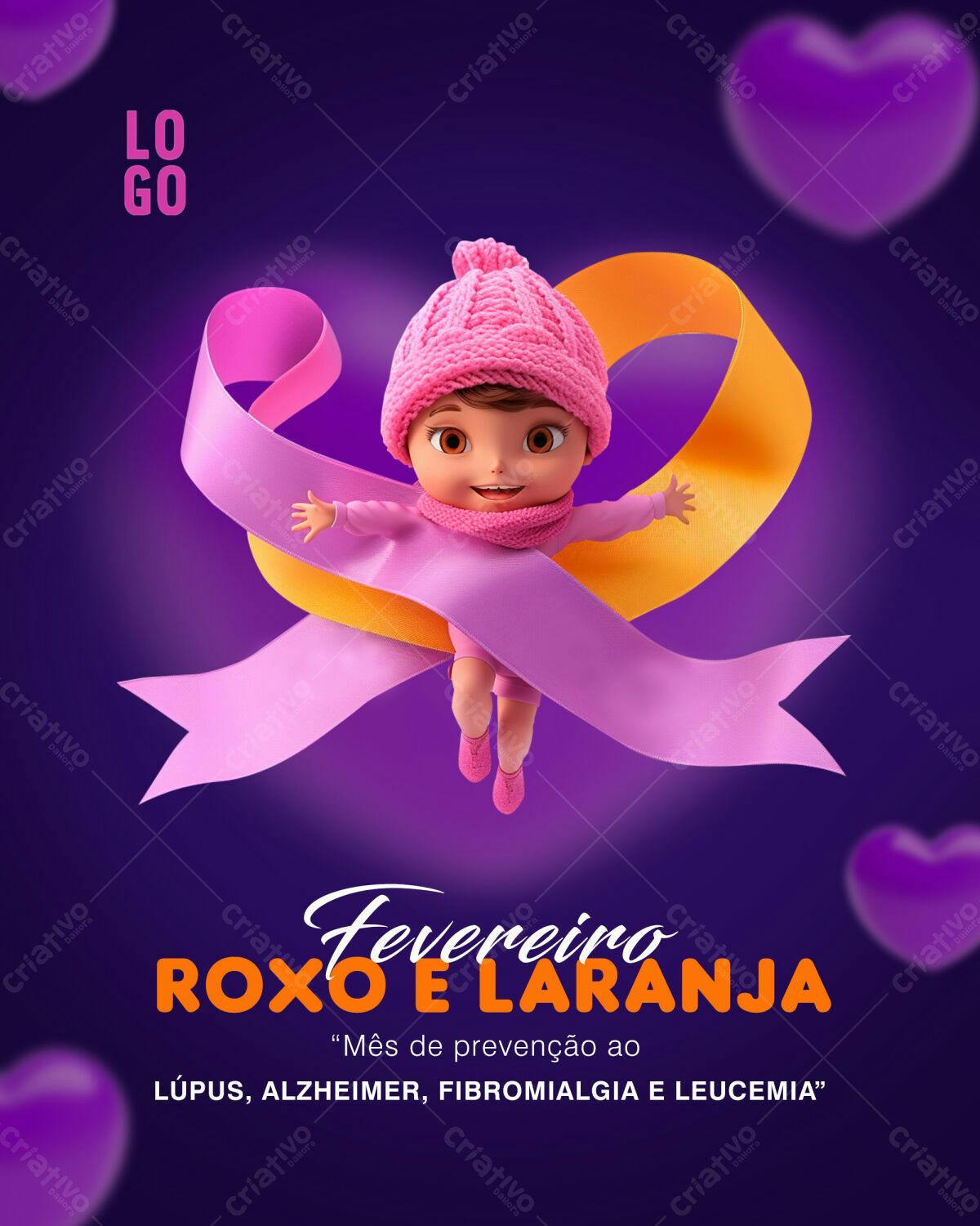 Flyer Fevereiro Roxo e Laranja PSD Editável
