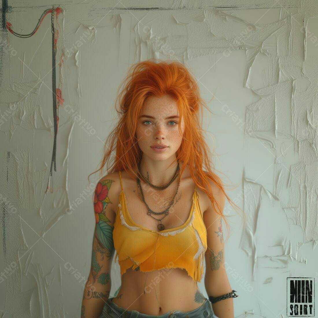 Mulher ruiva com tatuagens em fundo claro