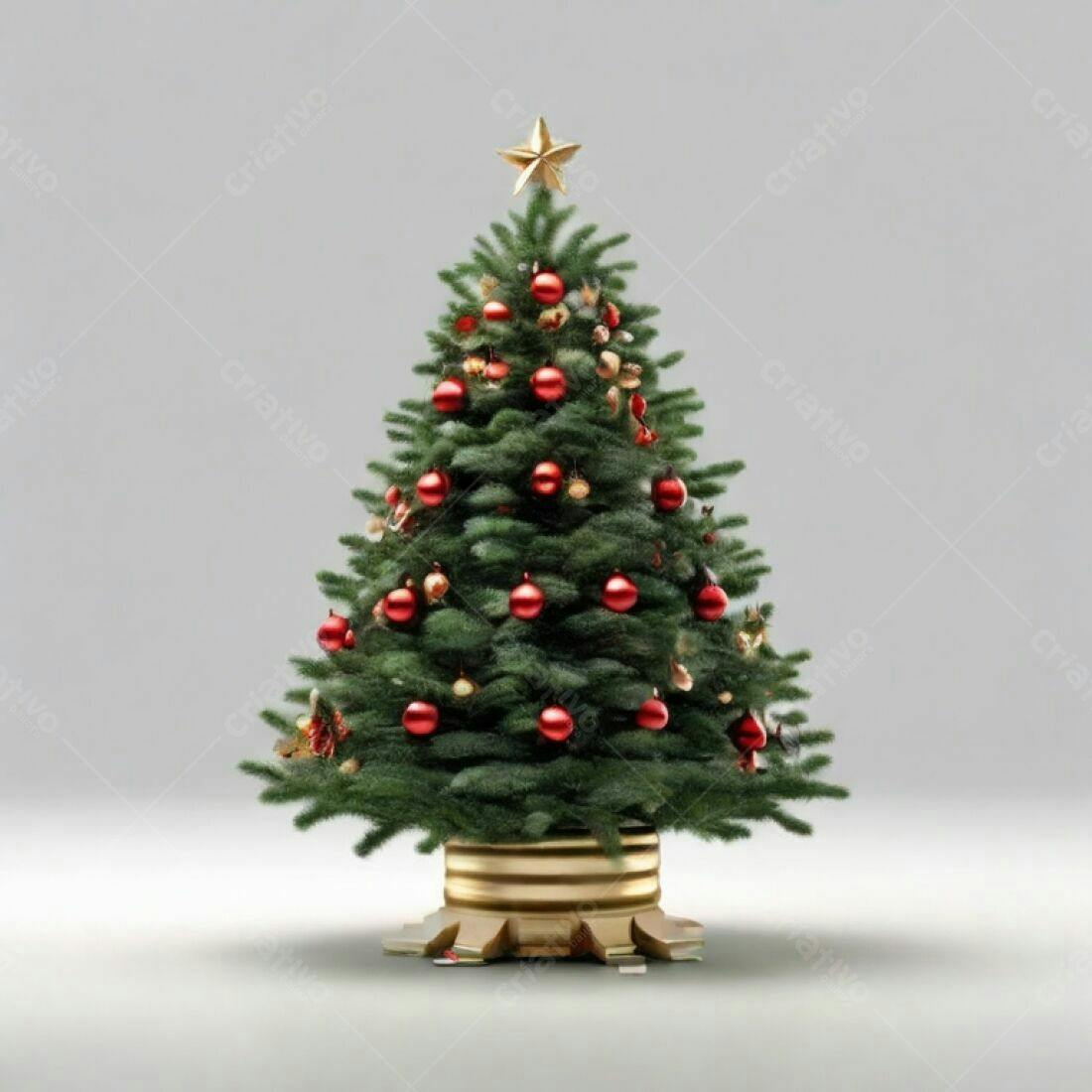 Árvore de Natal decorada com enfeites vermelhos e dourados