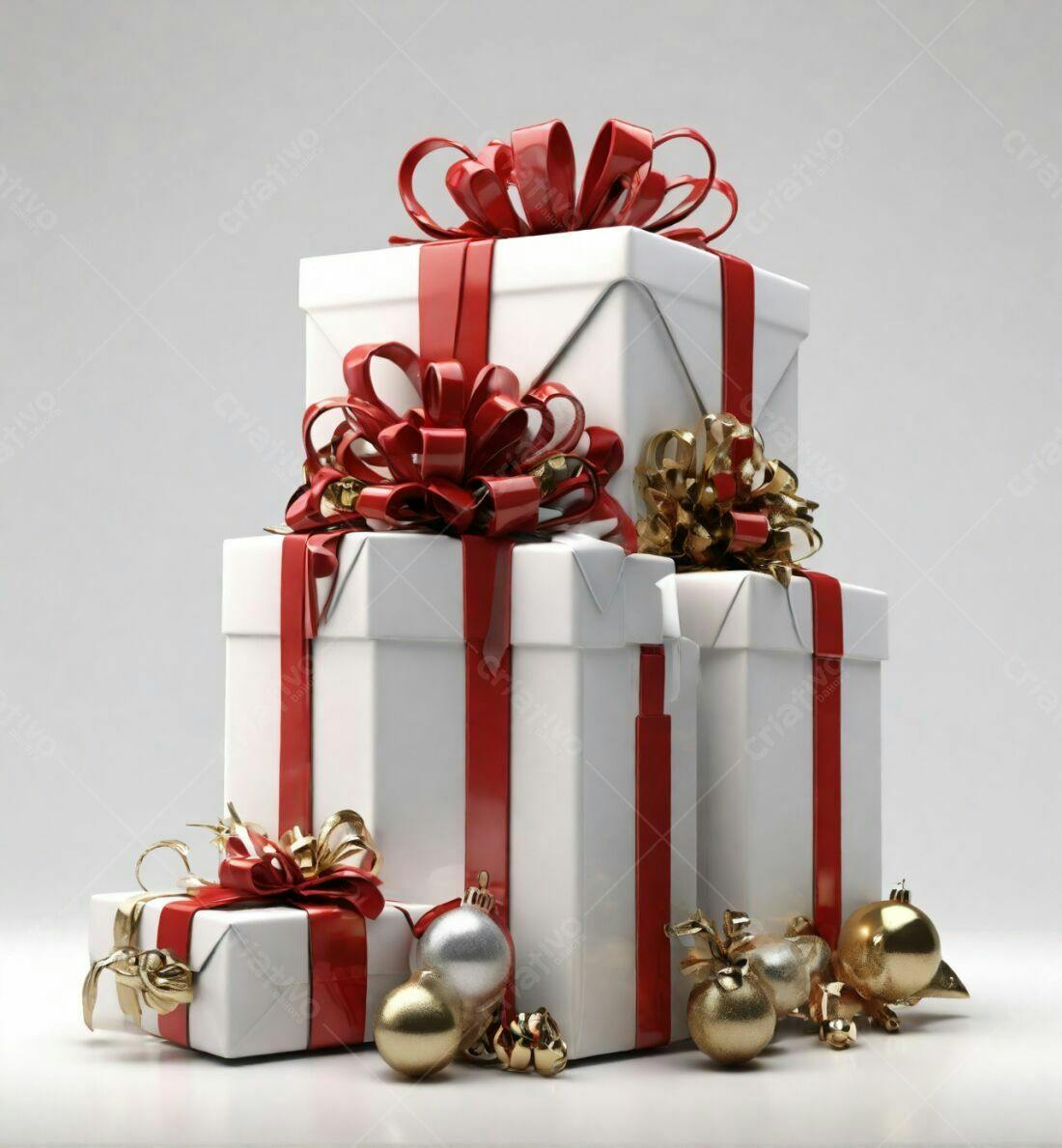 Presentes de Natal brancos com laços vermelhos