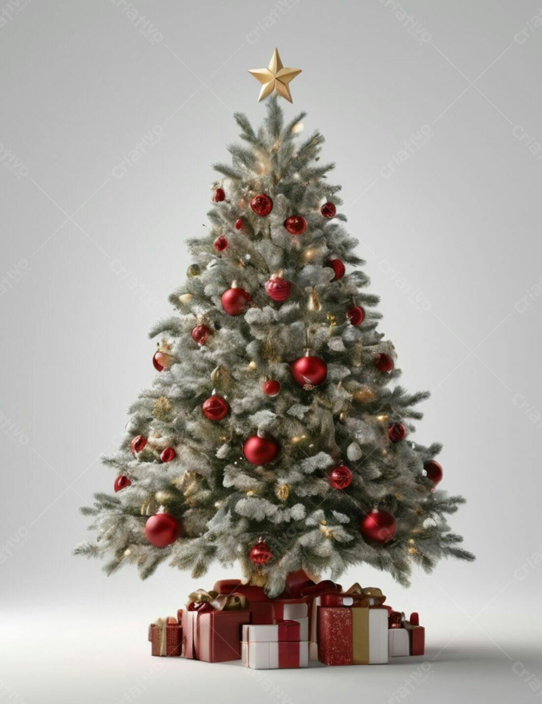 Árvore de Natal com enfeites vermelhos e presentes