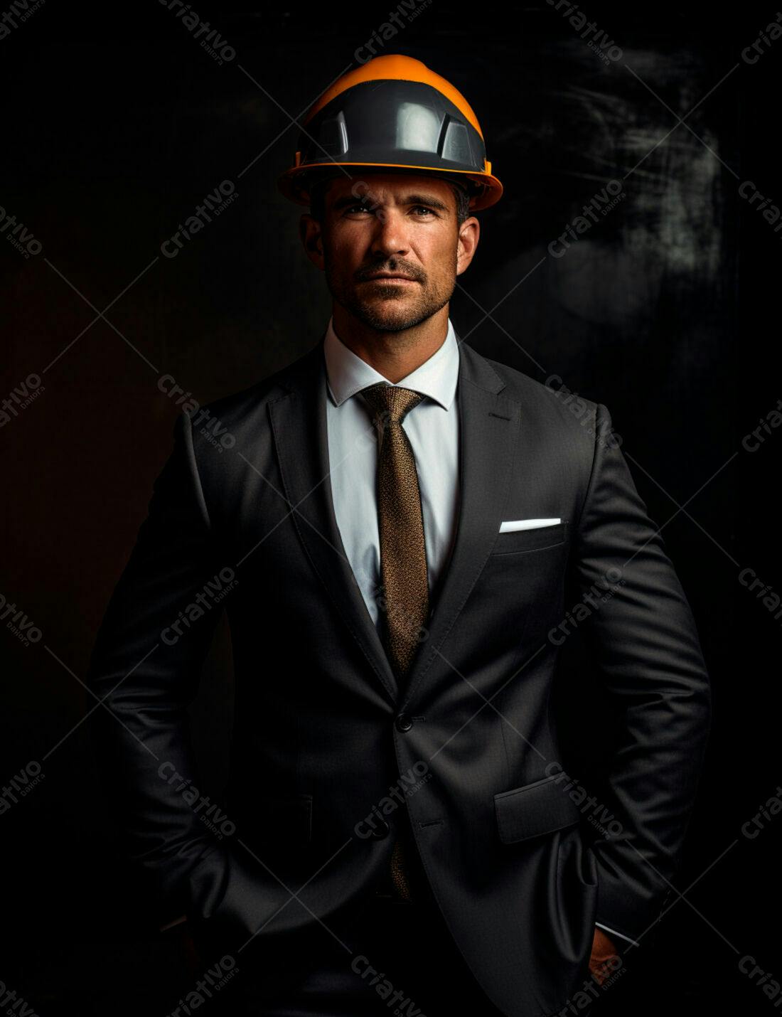 Engenheiro em terno preto e capacete laranja