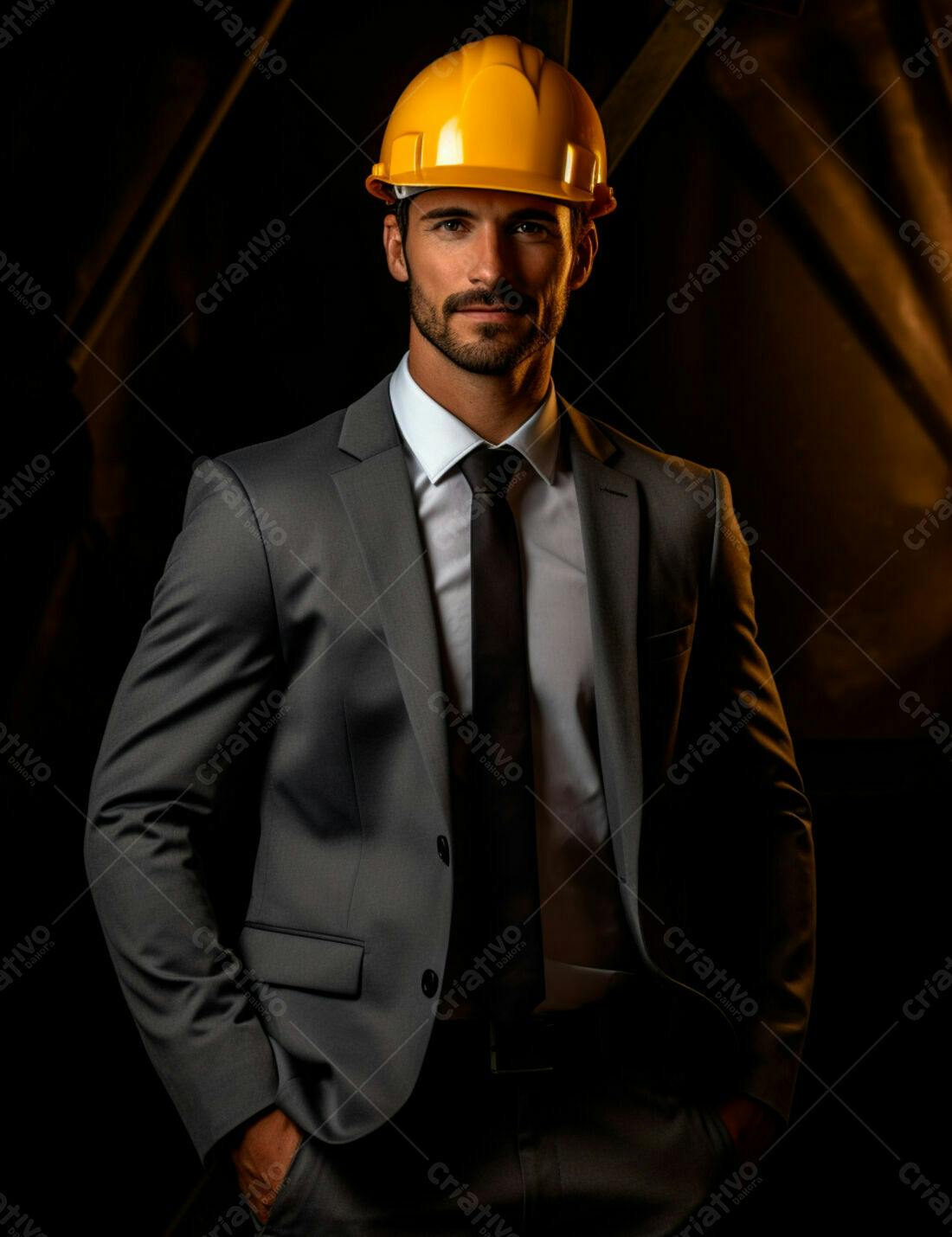 Engenheiro em terno cinza e capacete amarelo