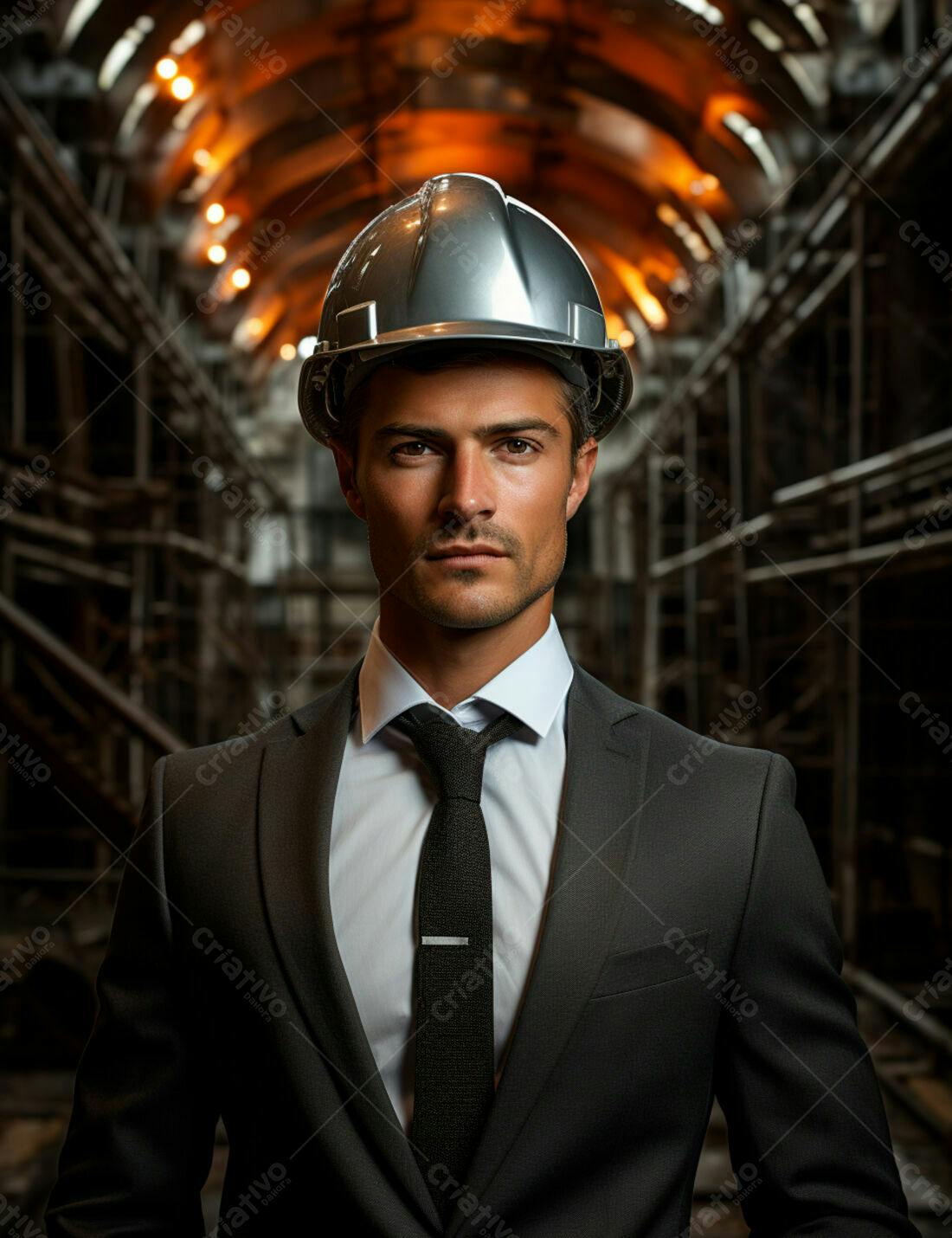 Engenheiro em terno e capacete em ambiente industrial