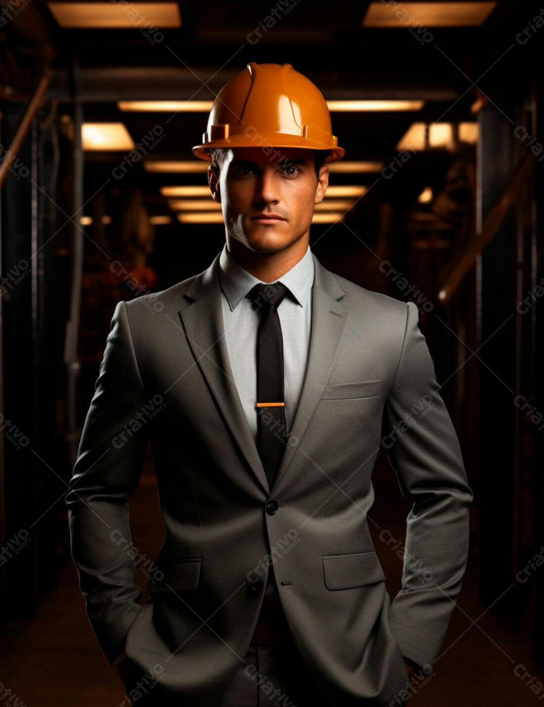 Engenheiro em terno cinza e capacete laranja