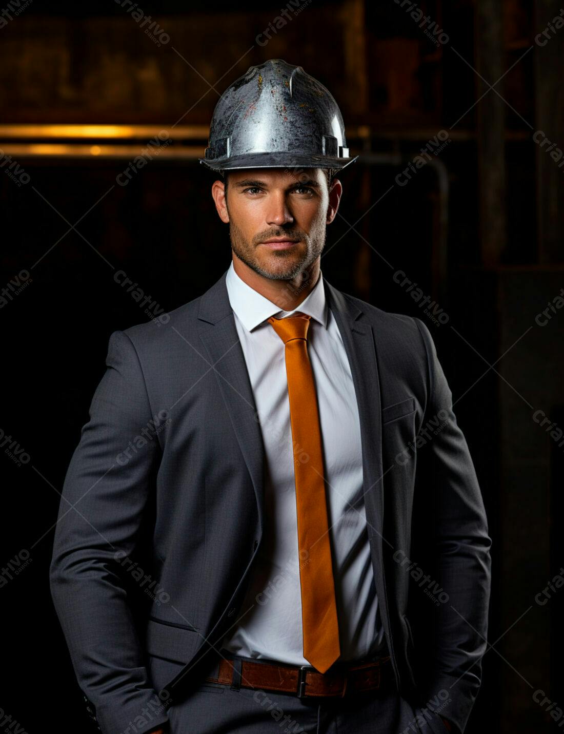 Engenheiro em terno cinza e capacete