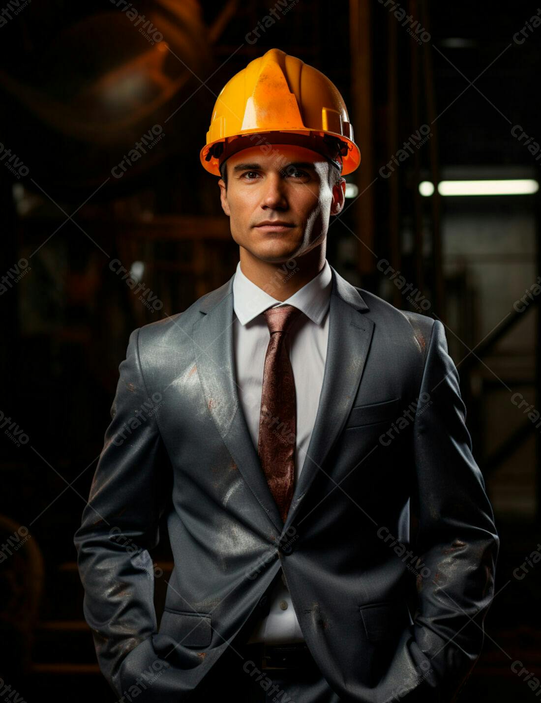 Engenheiro em terno cinza usando capacete amarelo