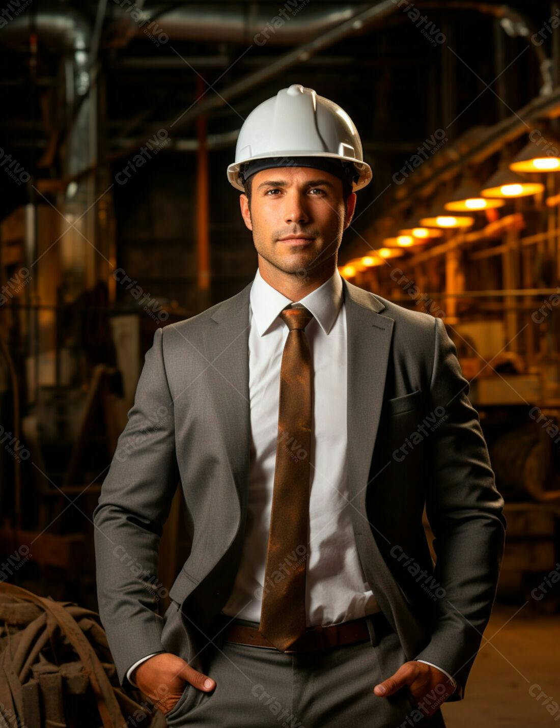 Engenheiro em terno cinza e capacete branco em ambiente industrial