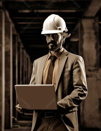Imagem de um engenheiro civil elegante com notebook e capacete de protecao 1