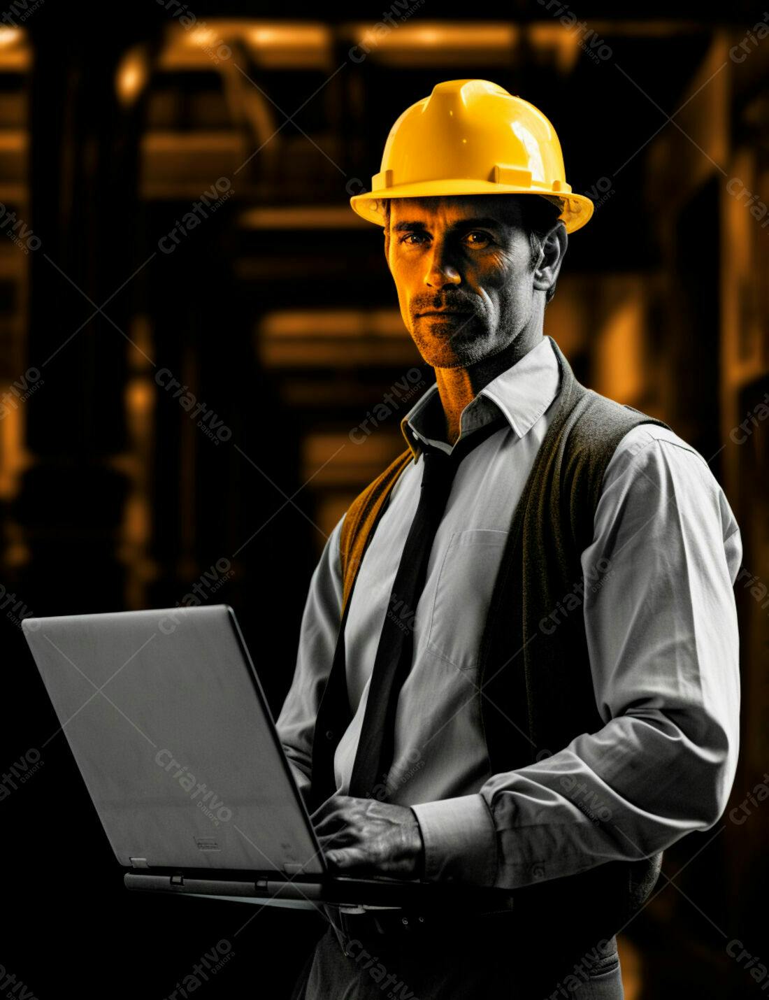 Engenheiro com laptop em ambiente industrial