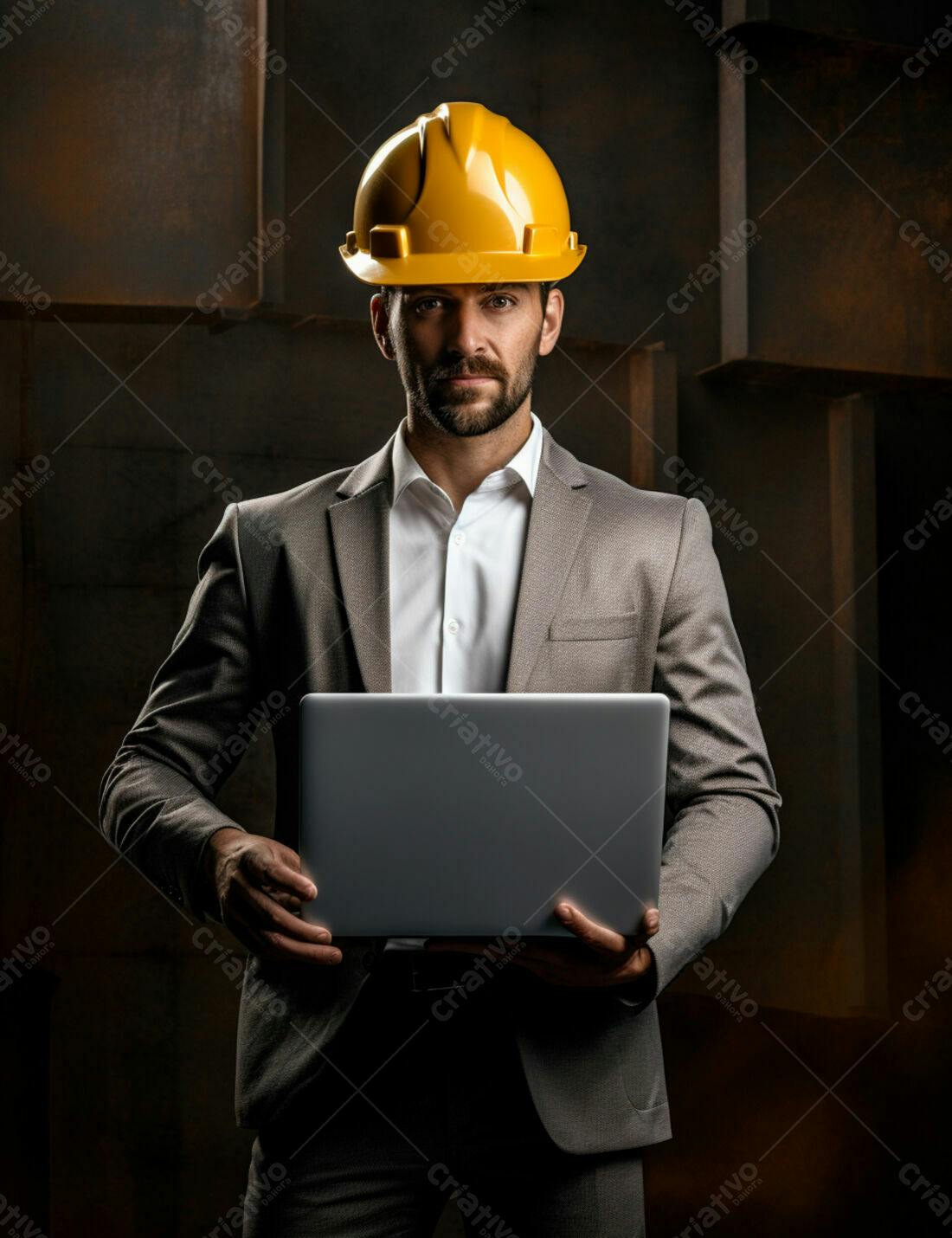 Engenheiro com notebook fundo industrial