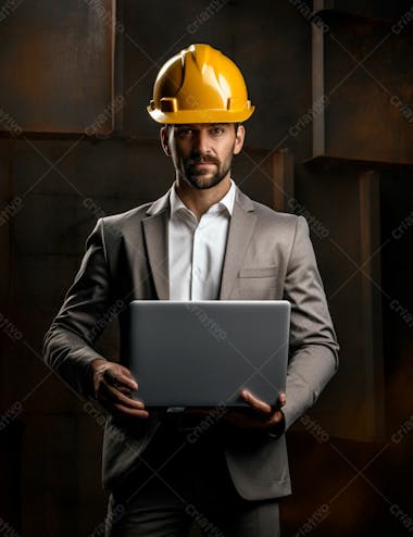 Imagem de um engenheiro civil elegante com notebook e capacete de protecao 3