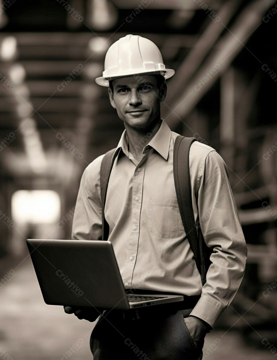 Engenheiro com notebook em construção