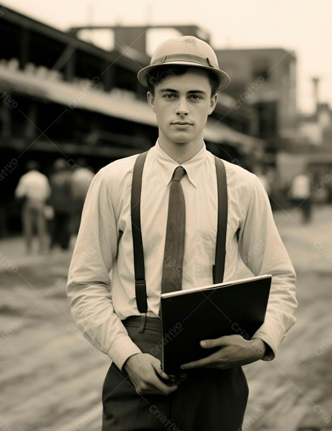 Jovem engenheiro segurando prancheta década de 1920