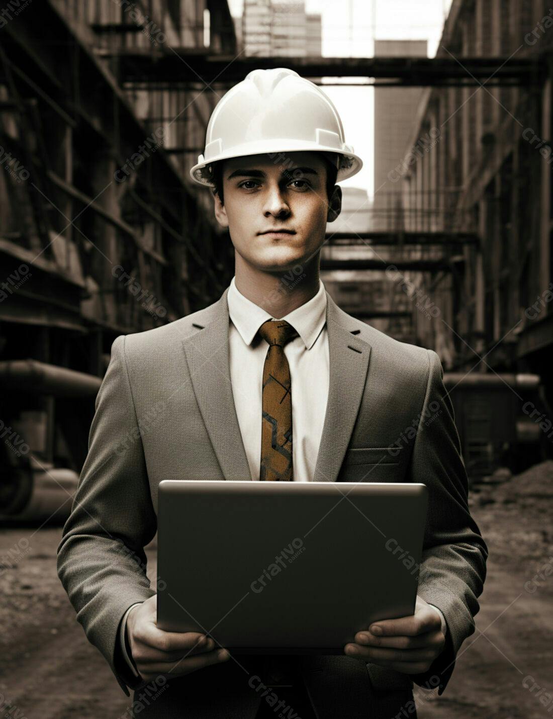 Engenheiro com notebook em construção