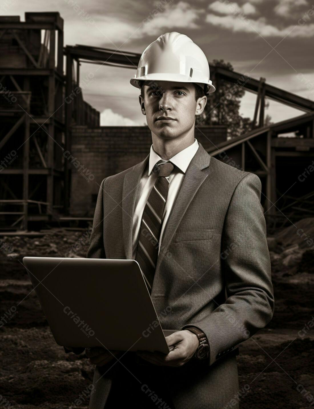 Engenheiro com laptop em obra