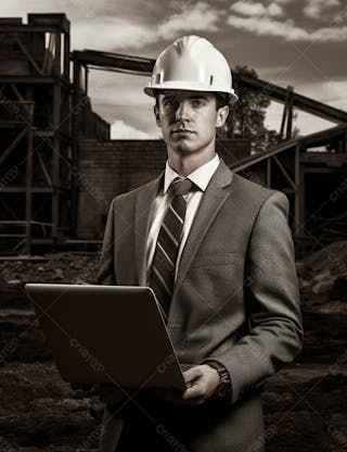 Imagem de um engenheiro civil elegante com notebook e capacete de protecao 7
