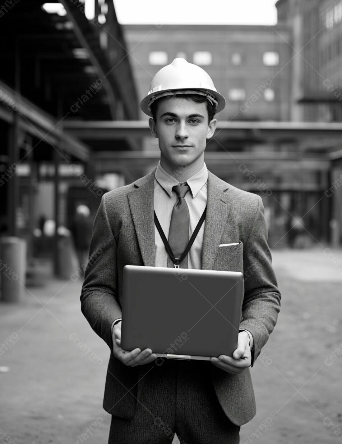 Engenheiro com laptop em obra cinza e branco
