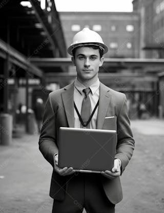 Imagem de um engenheiro civil elegante com notebook e capacete de protecao 8