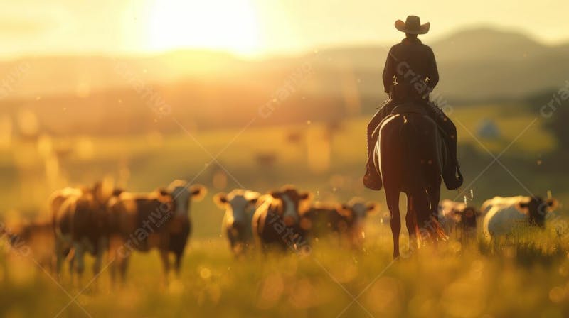 Imagem ia pecuarista trabalhando no campo em cima de um cavalo tocando o gado ao amanhecer