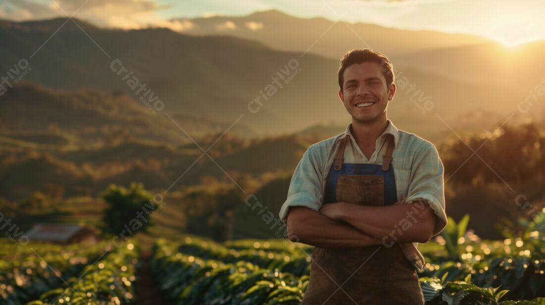 Fazendeiro sorrindo em plantação ao entardecer