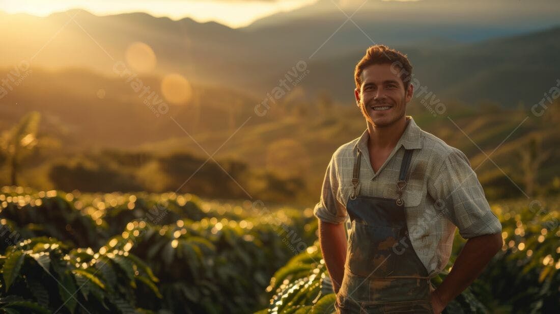 Fazendeiro sorrindo em plantação ao pôr do sol