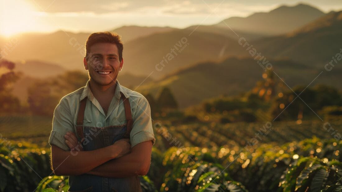 Fazendeiro sorrindo em plantação ao pôr do sol