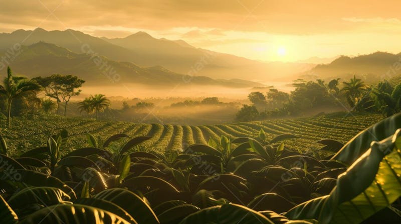 Imagem ia campo com plantação de café ao amanhecer