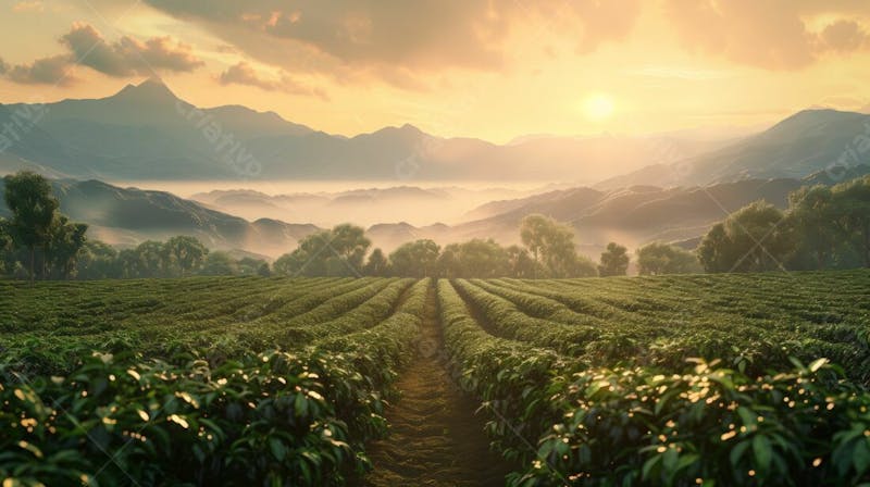 Imagem ia campo com plantação de café ao amanhecer