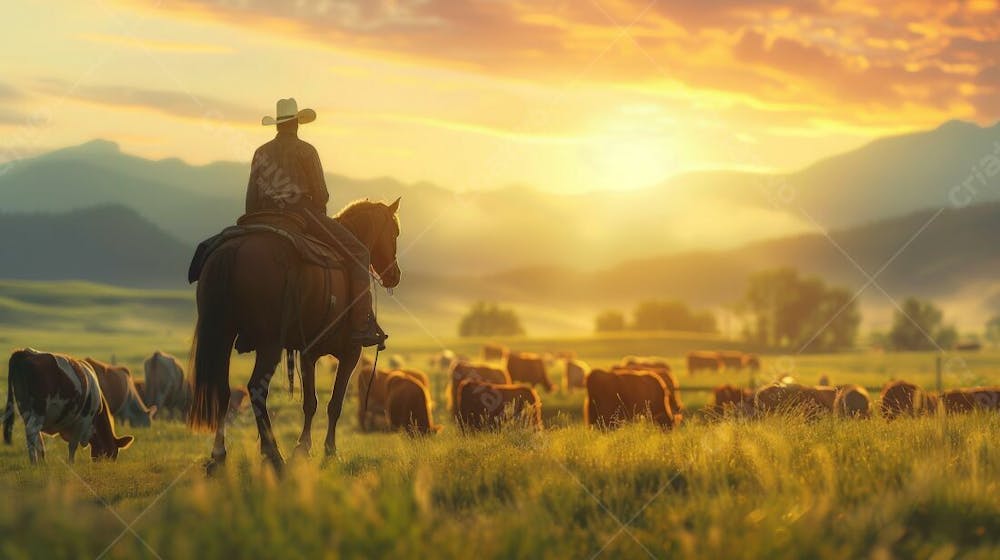 Imagem Ia   Pecuarista Trabalhando No Campo Em Cima De Um Cavalo Tocando O Gado Ao Amanhecer (2)