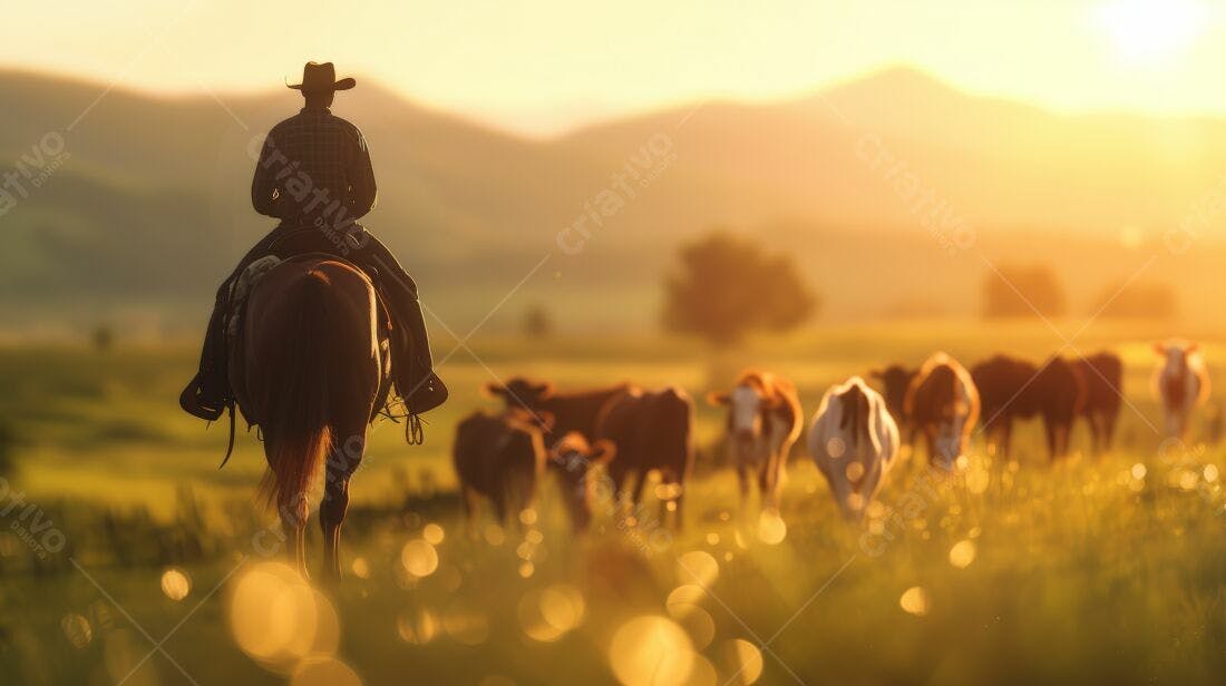 Cowboy guiando gado ao pôr do sol