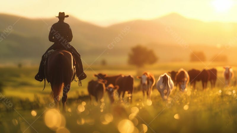 Imagem ia pecuarista trabalhando no campo em cima de um cavalo tocando o gado ao amanhecer