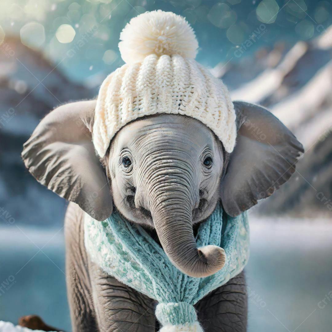 Bebê elefante com gorro e cachecol no inverno