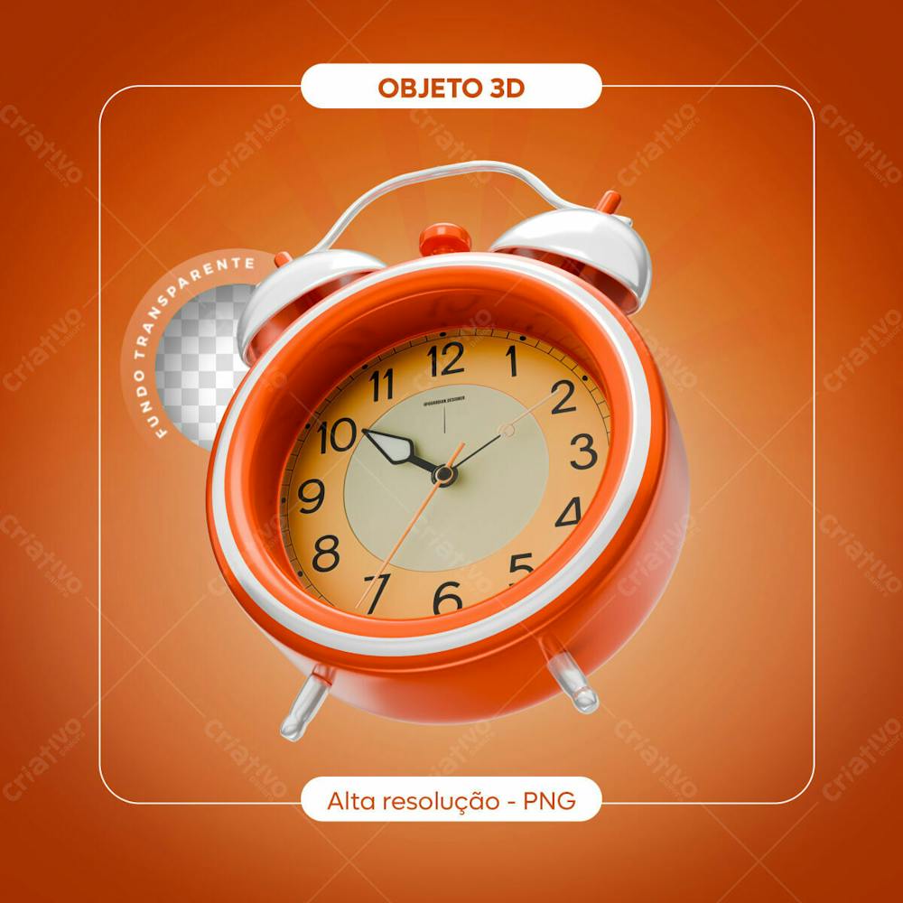 Elemento 3D Relógio Alarme Laranja Render (4)