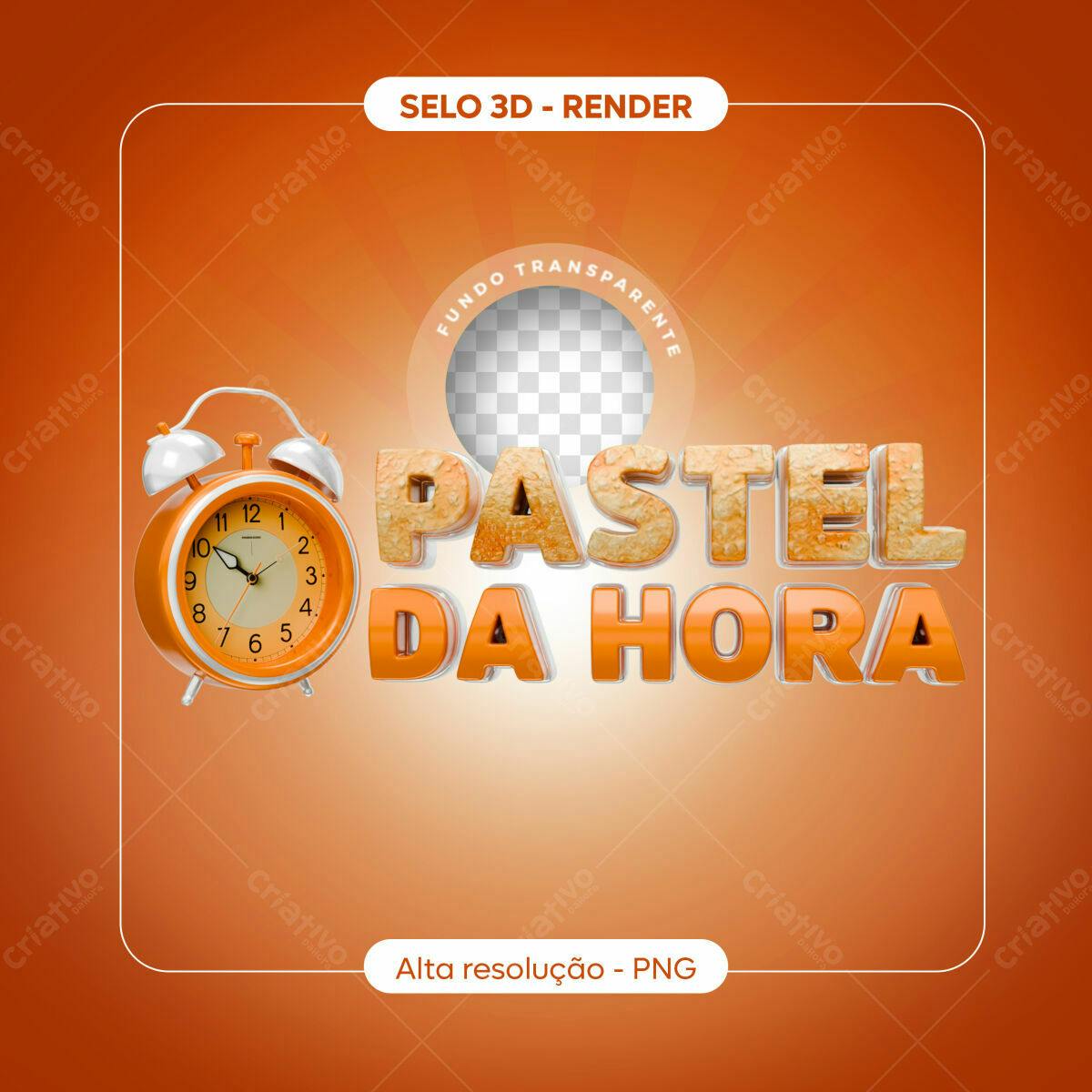 Selo 3D promocional laranja e dourado com relógio