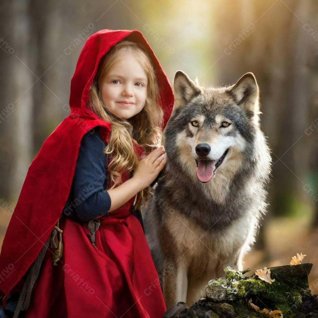 Menina com lobo floresta encantada