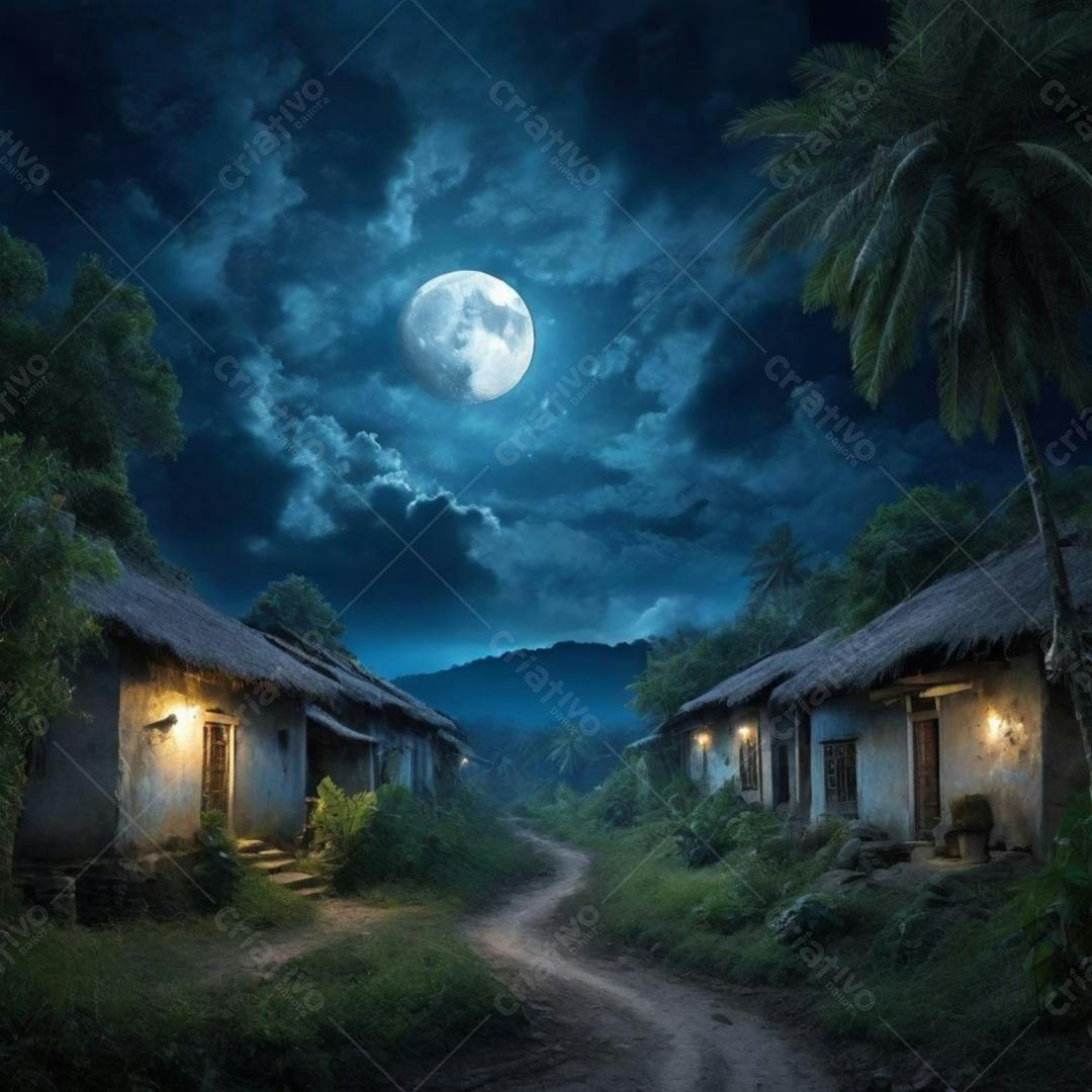 Aldeia tropical sob a Lua cheia