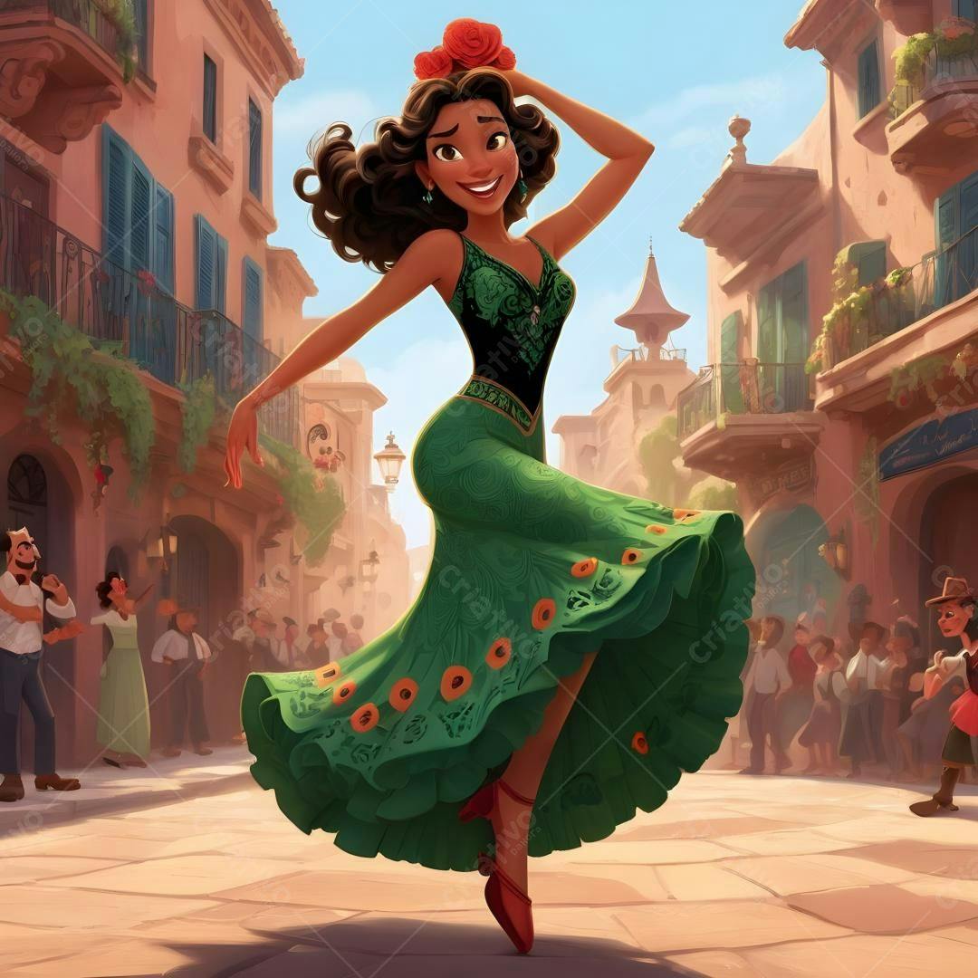 Bailarina espanhola em vestido verde dançando na rua
