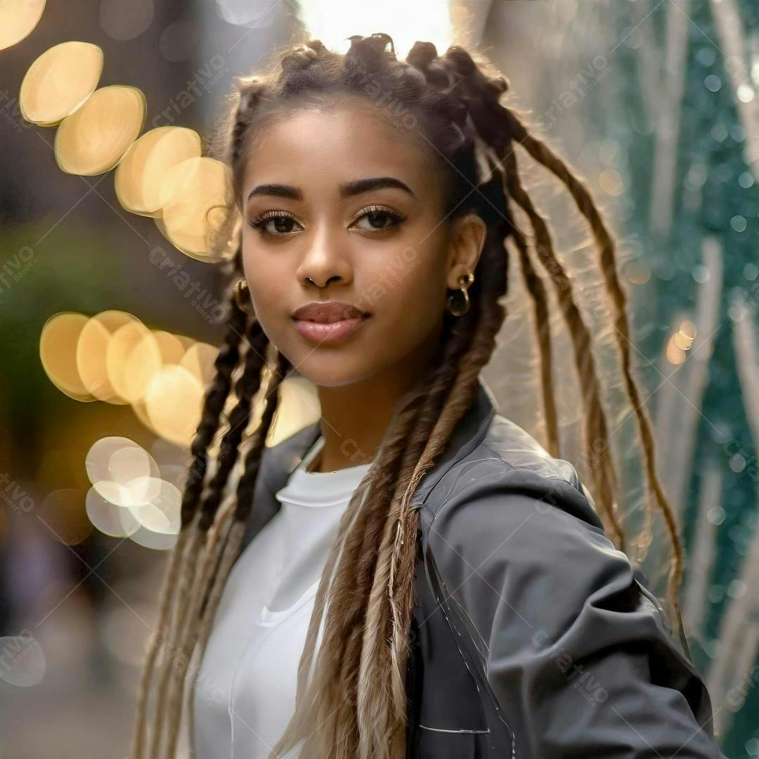 Mulher negra com dreadlocks sorrindo em fundo desfocado