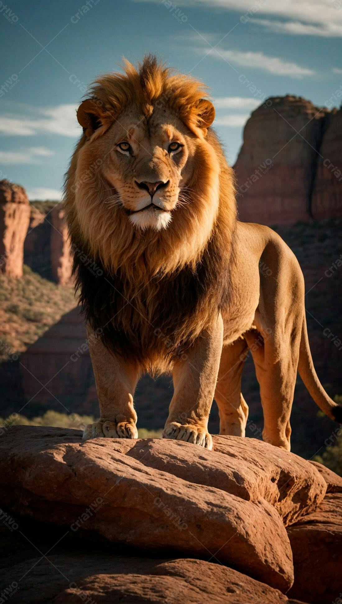 Leão majestoso em formação rochosa ao entardecer