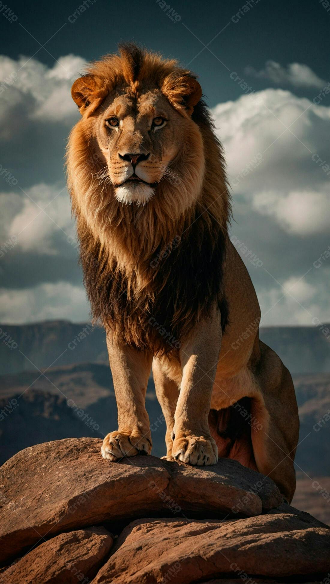 Leão majestoso em rocha paisagem árida