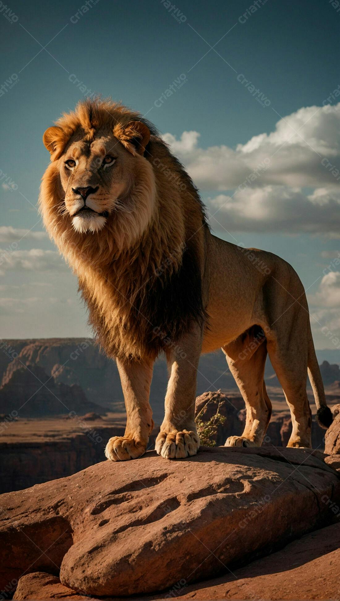 Leão majestoso em penhasco deserto ao entardecer